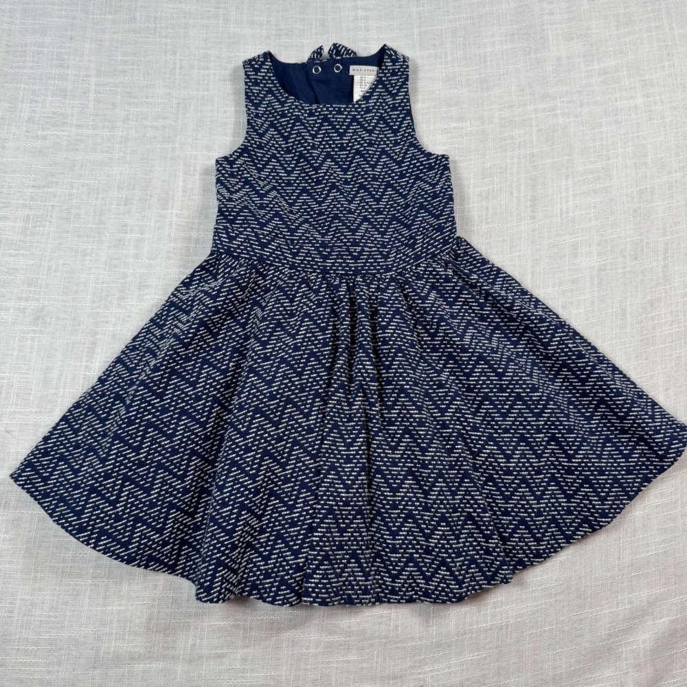 Max Studio Girls 6 Navy White Chevron Fit Flare Dress Jacquard‎ Bow Back Preppy